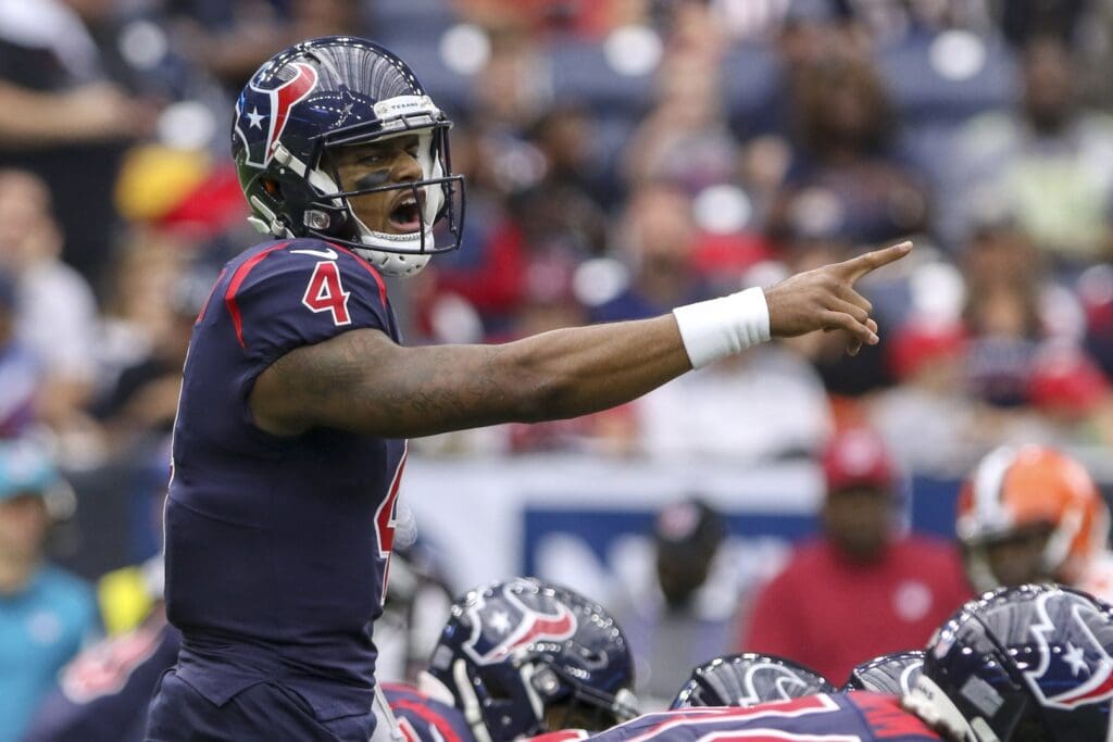 Dec 2, 2018; Houston, TX, USA; Houston Texans quarterback Deshaun Watson (4) calls out signals during the first quarter against the Cleveland Browns at NRG Stadium.