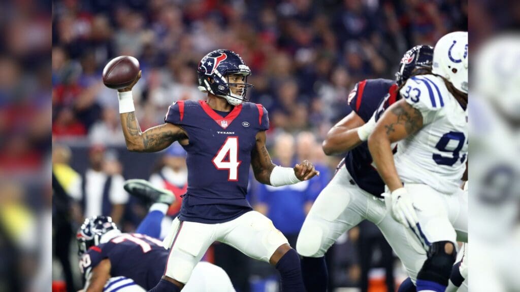 Jan 5, 2019; Houston, TX, USA; Houston Texans quarterback Deshaun Watson (4) against the Indianapolis Colts in the AFC Wild Card playoff football game at NRG Stadium.