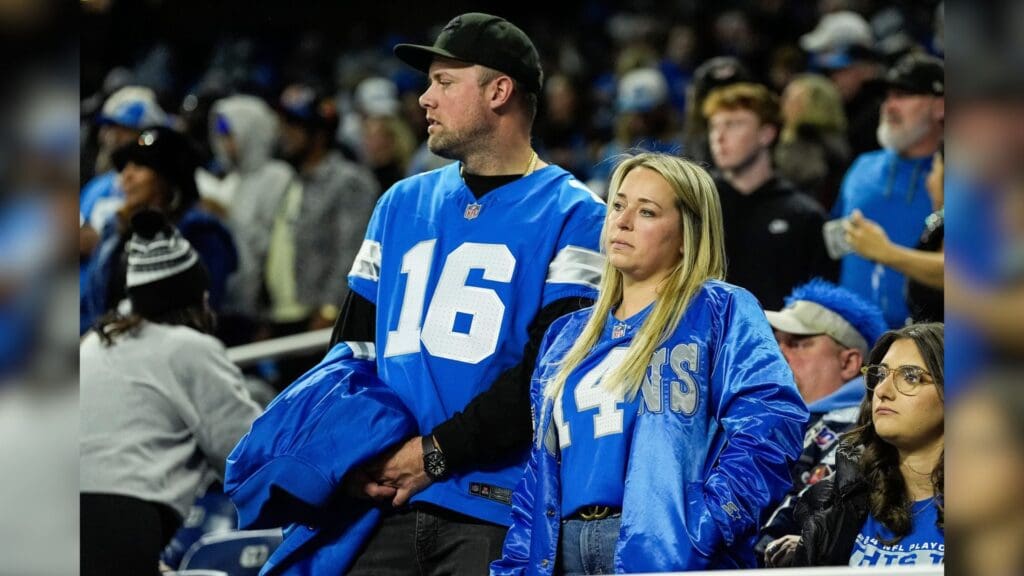 Detroit Lions fans react after the 45-31 loss to the Washington Commanders in the NFC divisional round of the NFL playoffs at Ford Field in Detroit on Saturday, Jan. 18, 2025.