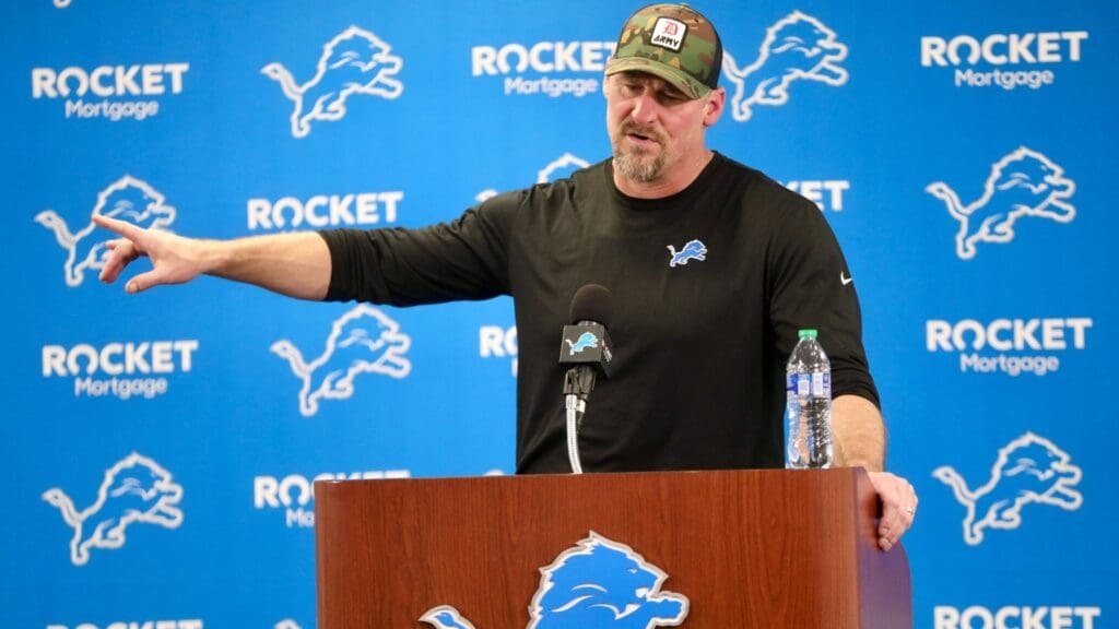 Detroit Lions head coach Dan Campbell speaks with the media, the day after losing the NFC championship game to the San Francisco 49ers, in a news conference in Allen Park on Monday, Jan. 29, 2024.