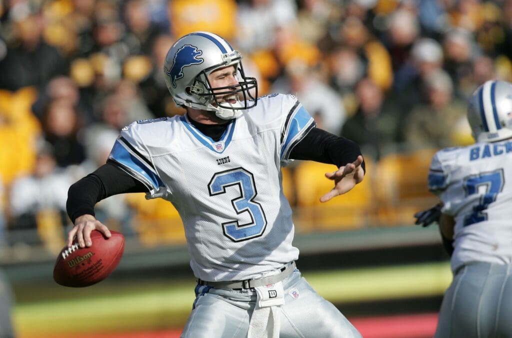 Jan 1, 2006; Pittsburgh, PA, USA; Detroit Lions quarterback (3) Joey Harrington throws the ball against the Pittsburgh Steelers at Heinz Field. 