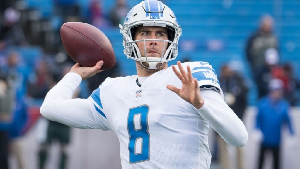 Dec 16, 2018; Orchard Park, NY, USA; Detroit Lions quarterback Matt Cassel (8) warms up prior to a game against the Buffalo Bills at New Era Field.