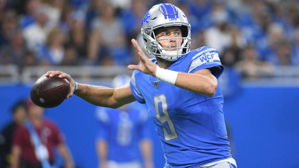 Sep 15, 2019; Detroit, MI, USA; Detroit Lions quarterback Matthew Stafford (9) throws a pass against the Los Angeles Chargers in the first half at Ford Field.