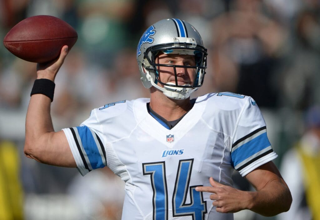 Aug 25, 2012; Oakland, CA, USA; Detroit Lions quarterback Shaun Hill (14) throws a pass against the Oakland Raiders at O.co Coliseum.