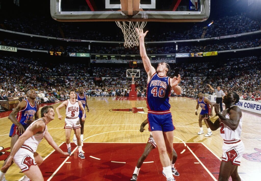 May 1989; Chicago,IL, USA: FILE PHOTO; Detroit Pistons center Bill Laimbeer (40) in action against the Chicago Bulls during the 1988-89 NBA Eastern Conference Finals at Chicago Stadium. The Pistons defeated the Bulls 4 games to 2.