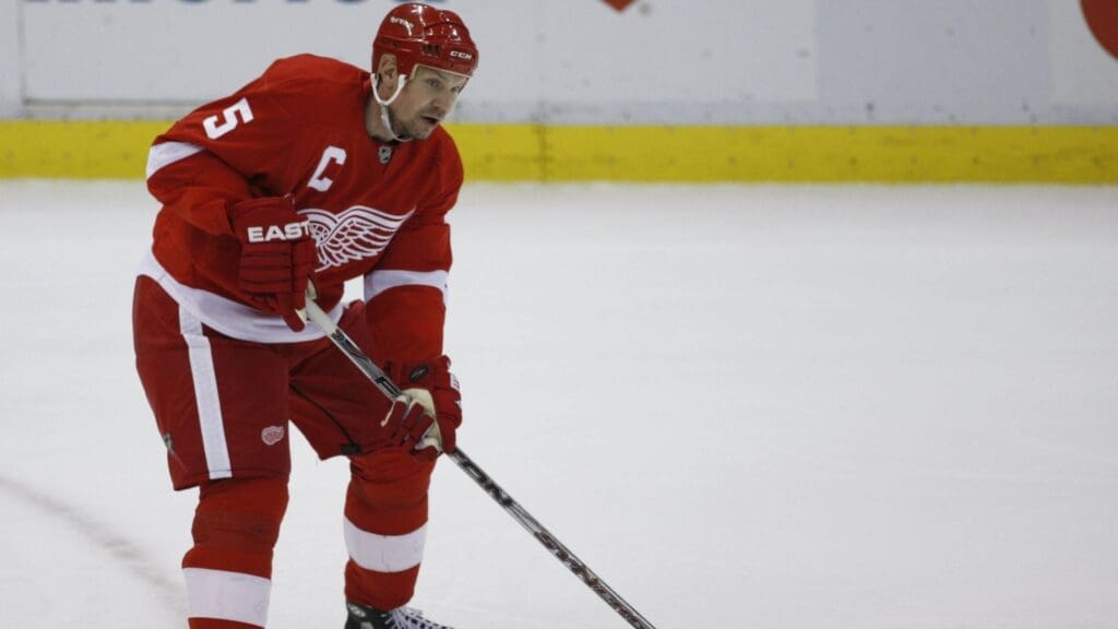 May 10, 2008; Detroit, MI, USA; Detroit Red Wings defenseman Nicklas Lidstrom (5) skates the puck across center ice during game two of the Western Conference finals at Joe Louis Arena.