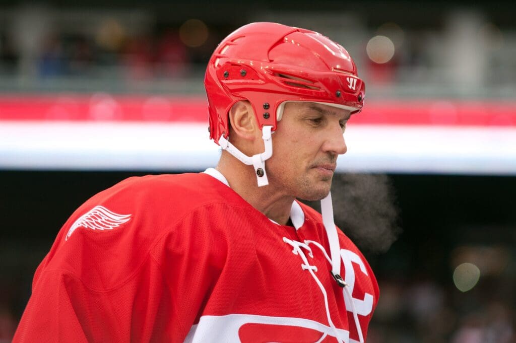 Dec 31, 2013; Detroit, MI, USA; Detroit Red Wings former forward Steve Yzerman (19) before the Alumni Showdown against the Toronto Maple Leafs as part of the Winter Classic at Comerica Park.