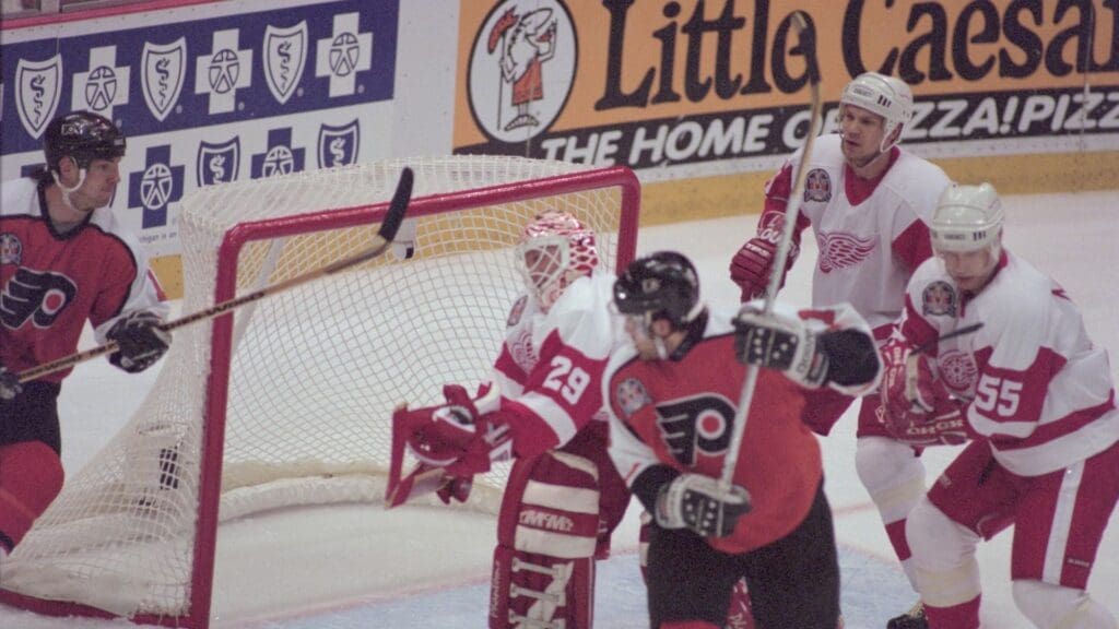 06/07/1997: Detroit, Michigan, USA: Detroit Redwings and Philadelphia Flyers during game 4 of the Stanley Cup Playoffs at Joe Louis Arena.