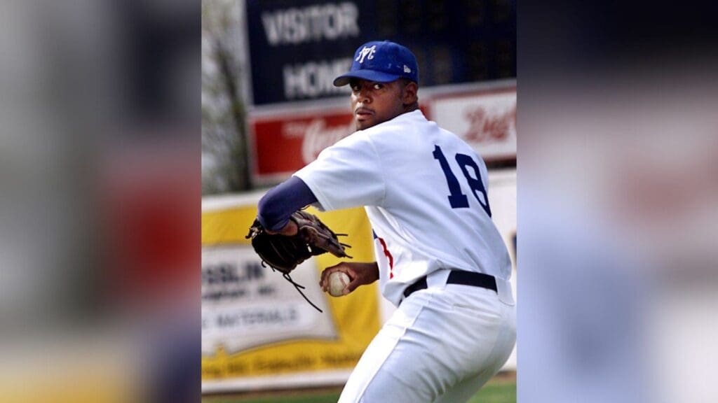 Middle Tennessee State standout pitcher Dewon Brazelton shows off his pitching form during a photo shoot on campus April 10, 2001. He has an 8-1 record and 0.96 ERA that is the lowest in the nation this season so far. Mtsu