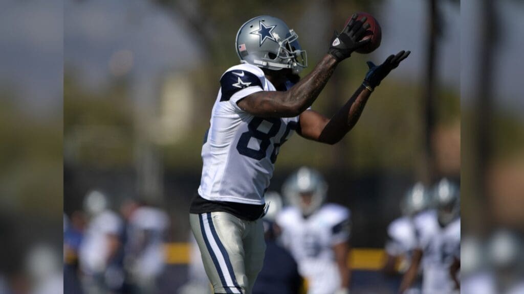Aug 1, 2016; Irvine, CA, USA; Dallas Cowboys receiver Dez Bryant catches a pass at training camp at the River Ridge Fields.