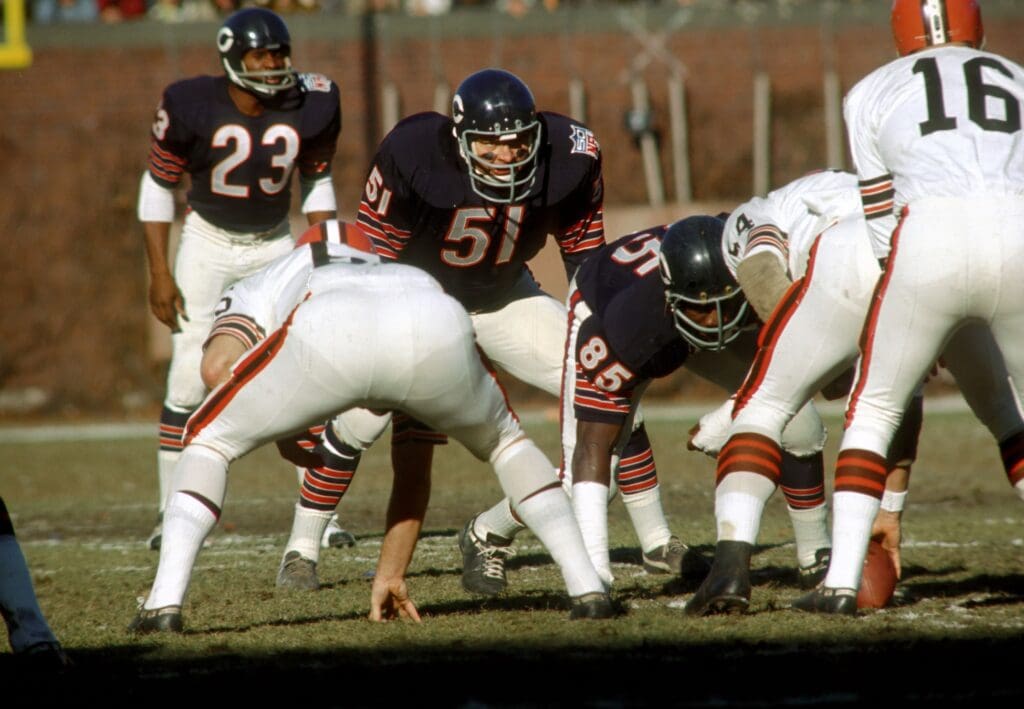 Nov 30, 1969; Chicago, IL, USA; FILE PHOTO; Chicago Bears linebacker (51) Dick Butkus in action against the Cleveland Browns at Wrigley Field.