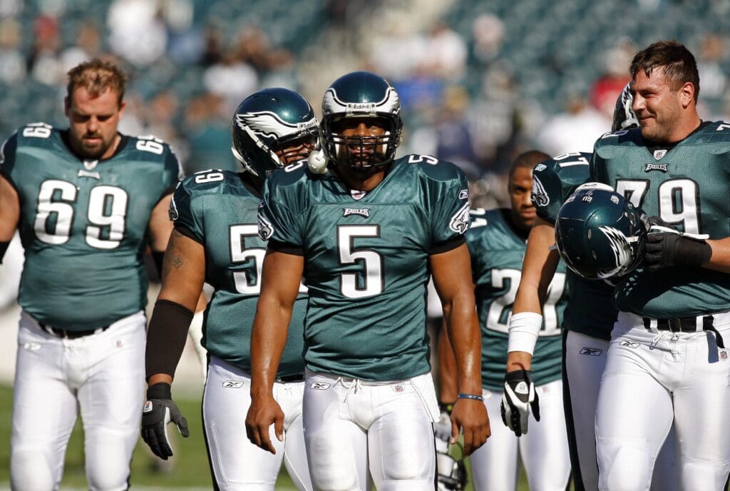 Oct 26, 2008; Philadelphia, PA, USA; Philadelphia Eagles quarterback Donovan McNabb (5) leads his team off of the field before the game against the Atlanta Falcons at Lincoln Financial Field.