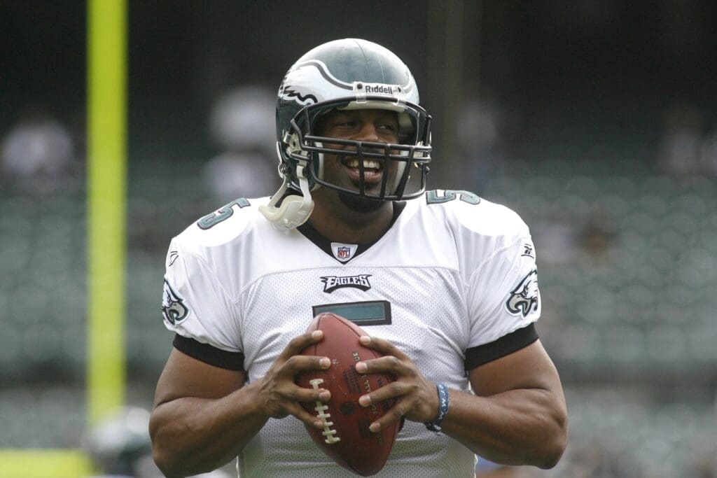 October 18, 2009; Oakland, CA, USA; Philadelphia Eagles quarterback Donovan McNabb (5) smiles before the start of the Eagles game against the Oakland Raiders at Oakland-Alameda County Coliseum.