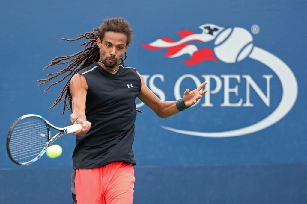 Aug 31, 2017; New York, NY, USA; Dustin Brown of Germany hits a forehand against Roberto Bautista-Agut of Spain (not pictured) on day four of the U.S. Open tennis tournament at USTA Billie Jean King National Tennis Center.