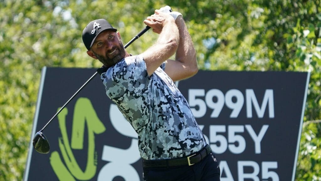 Jun 28, 2025; Carrollton, Texas, USA; Dustin Johnson plays his shot from the second tee during the second round of the LIV Golf Dallas golf tournament at Maridoe Golf Club. 