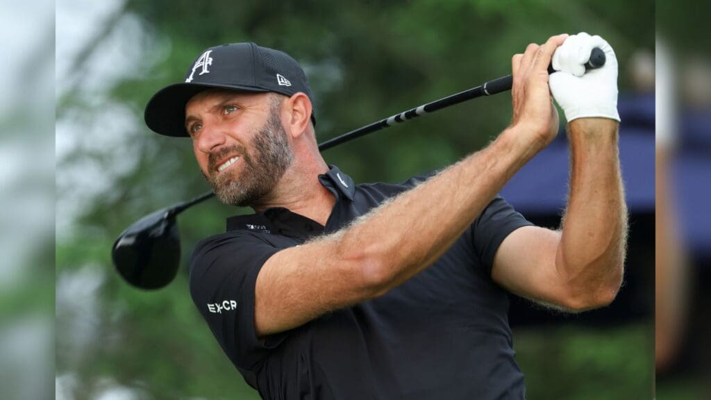 Jun 13, 2025; Oakmont, Pennsylvania, USA; Dustin Johnson plays his shot from the first tee during the second round of the U.S. Open golf tournament.