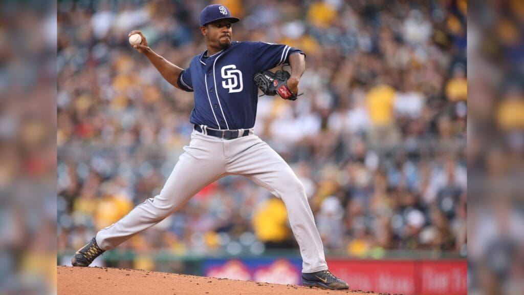 Aug 10, 2016; Pittsburgh, PA, USA; San Diego Padres starting pitcher Edwin Jackson (33) delivers a pitch against the Pittsburgh Pirates during the first inning at PNC Park