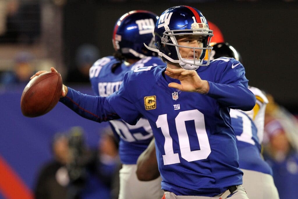 November 4, 2012; East Rutherford, NJ, USA; New York Giants quarterback Eli Manning (10) throws a pass during the second quarter of an NFL game against the Pittsburgh Steelers at MetLife Stadium.