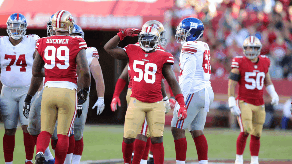 Nov 12, 2017; Santa Clara, CA, USA; San Francisco 49ers defensive end Elvis Dumervil (58) during the game against the New York Giants at Levi's Stadium.
