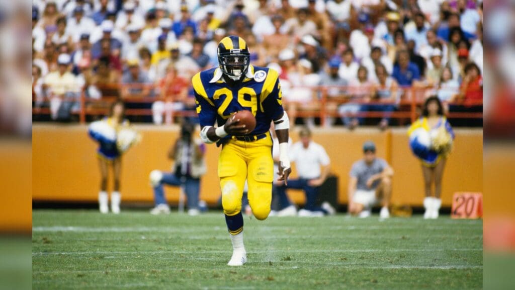 Unknown date; Anaheim ,CA, USA; FILE PHOTO; Los Angeles Rams running back Eric Dickerson (29) carries the ball at Anaheim Stadium.