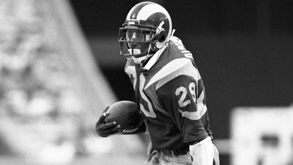 Sep 9, 1984; Anaheim, CA, USA; FILE PHOTO; Los Angeles Rams running back Eric Dickerson (29) in action against the Cleveland Browns at Anaheim Stadium.
