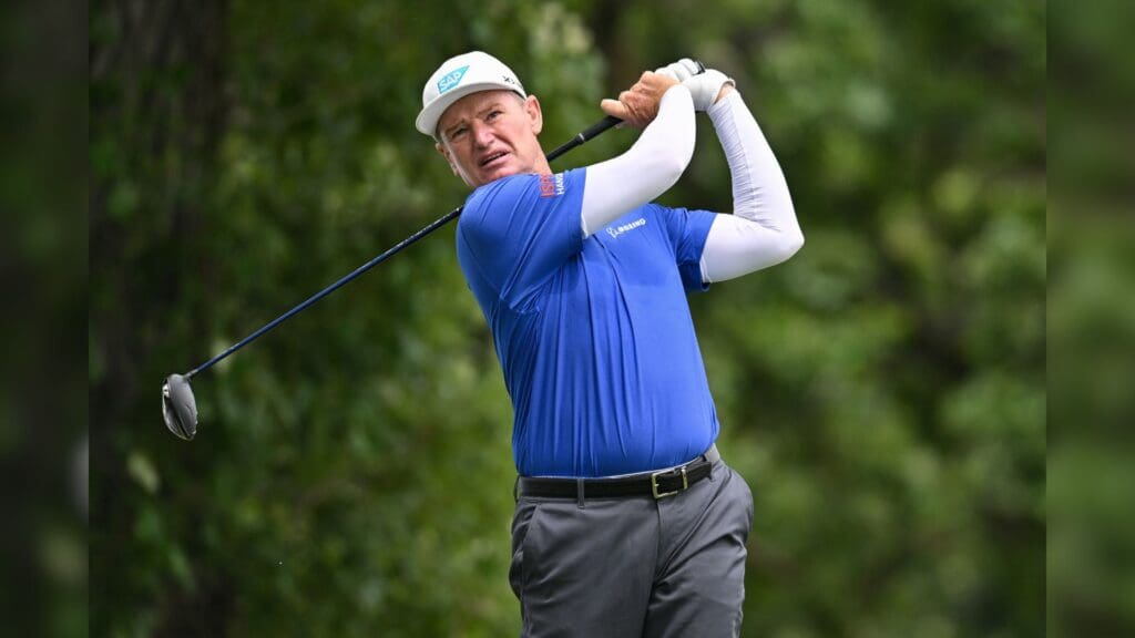 Jun 2, 2024; Des Moines, Iowa, USA; Ernie Els tees off from the third hole during the final round of the Principal Charity Classic at Wakonda Club in Des Moines, Iowa.