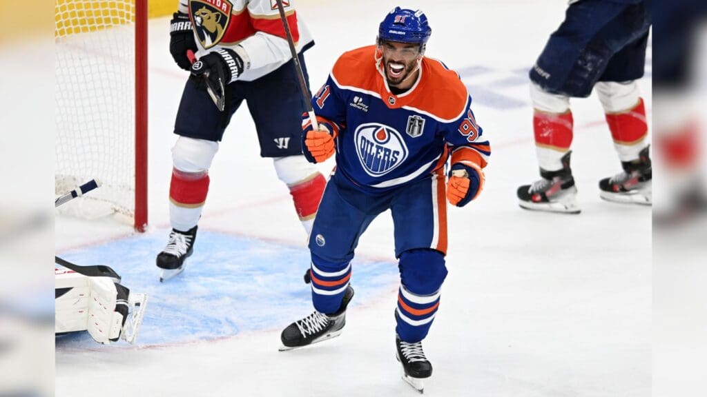 Jun 4, 2025; Edmonton, Alberta, CAN; Edmonton Oilers left wing Evander Kane (91) reacts after Edmonton Oilers defenseman Mattias Ekholm (not pictured) scores a goal against the Florida Panthers during the third period in game one of the 2025 Stanley Cup Final at Rogers Place.