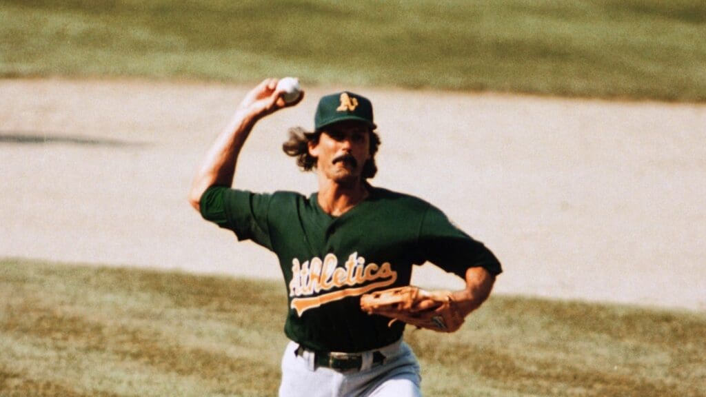 Unknown date and location; USA; FILE PHOTO; Oakland Athletics pitcher Dennis Eckersley in action on the mound.