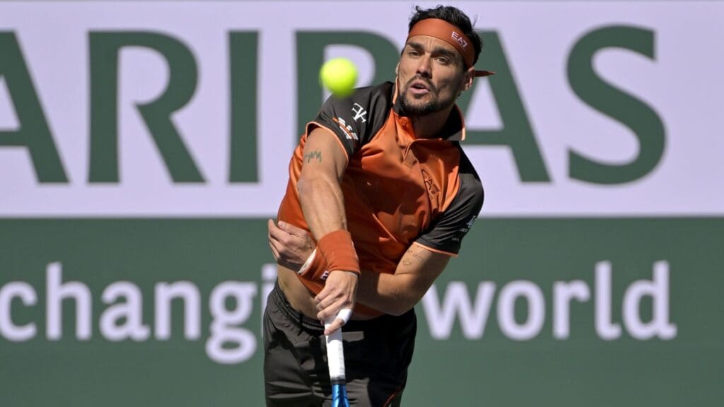 Mar 9, 2023; Indian Wells, CA, USA; Fabio Fognini (ITA) serves during his first round match against Ben Shelton (not pictured) on day 4 of the BNP Paribas Open at the Indian Wells Tennis Garden. 