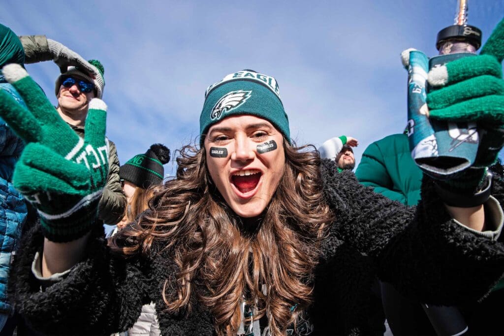 Fans celebrate the Philadelphia Eagles Super Bowl Championship with a parade along Benjamin Franklin Parkway set to end at the Philadelphia Museum of Art on Friday, Feb. 14, 2025.
