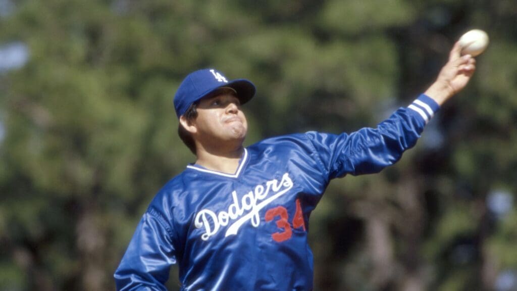 February 27, 1986; Unknown Location; Los Angeles Dodgers pitcher Fernando Valenzuela warms up on February 27, 1986.