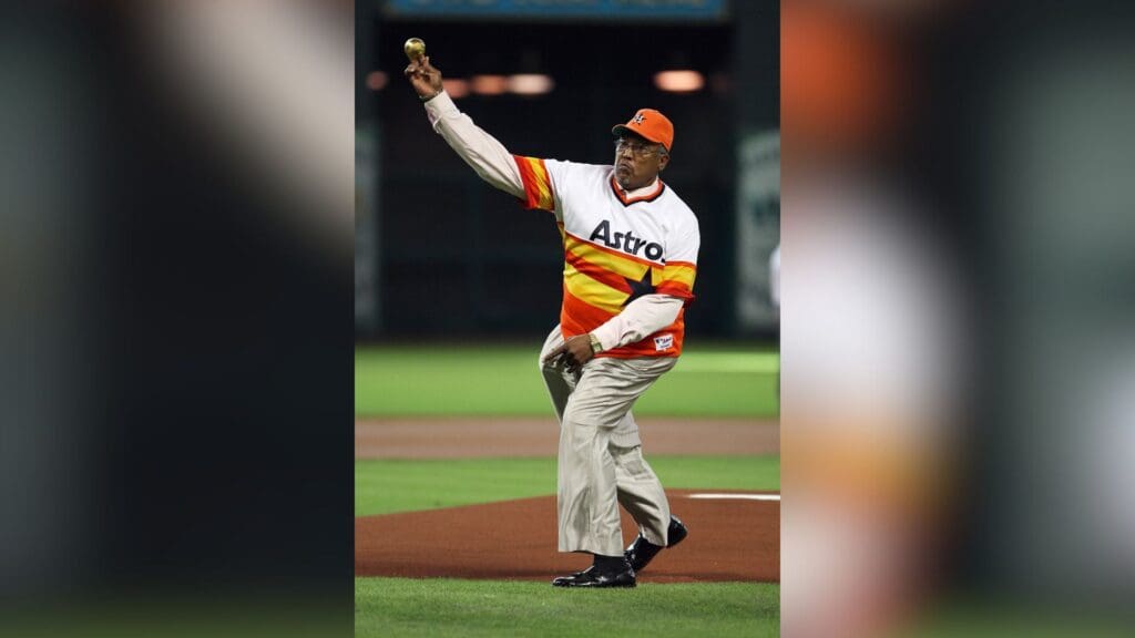 June 01, 2012; Houston, TX, USA; Former Houston Astros pitcher J.R. Richard throws out the first pitch before a game against the Cincinnati Reds at Minute Maid Park.