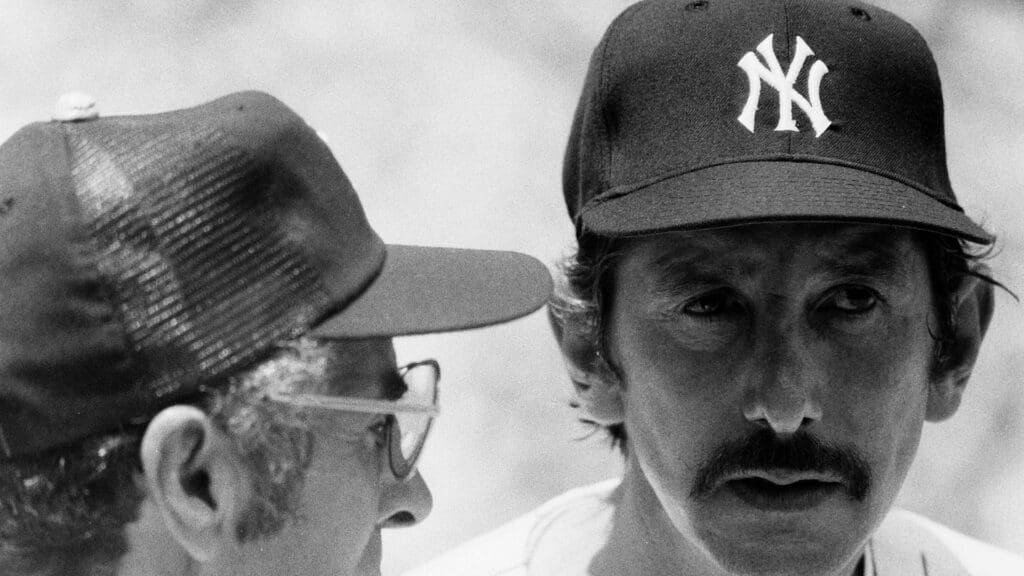 August 2, 1975; New York, NY, USA; Former New York Yankee Phil Rizzuto and coach Billy Martin at the New York Yankees Old-Timers' Day game at Yankee Stadium in New York City on August 2, 1975. 