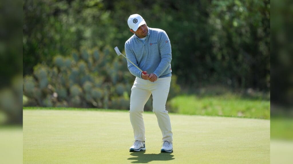 Apr 6, 2025; San Antonio, Texas, USA; Francesco Molinari reacts on the first green during the final round of the Valero Texas Open golf tournament.