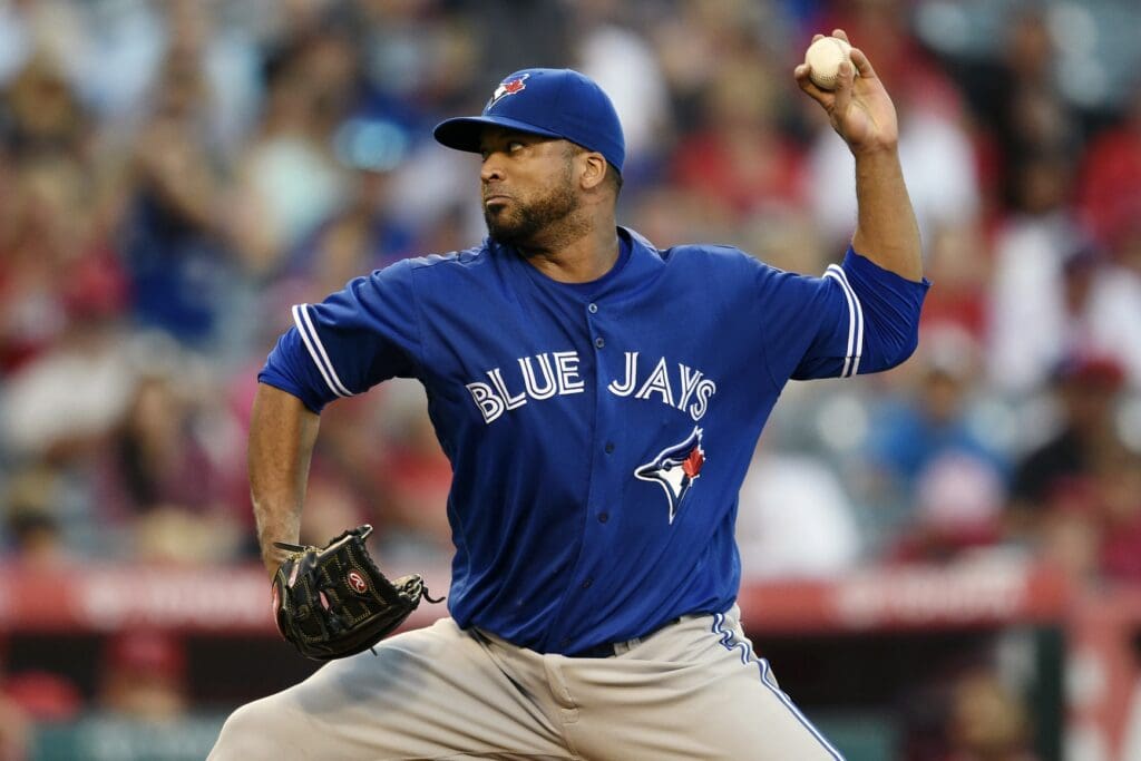 Sep 17, 2016; Anaheim, CA, USA; Toronto Blue Jays starting pitcher Francisco Liriano (45) pitches during the first inning against the Los Angeles Angels at Angel Stadium of Anaheim.