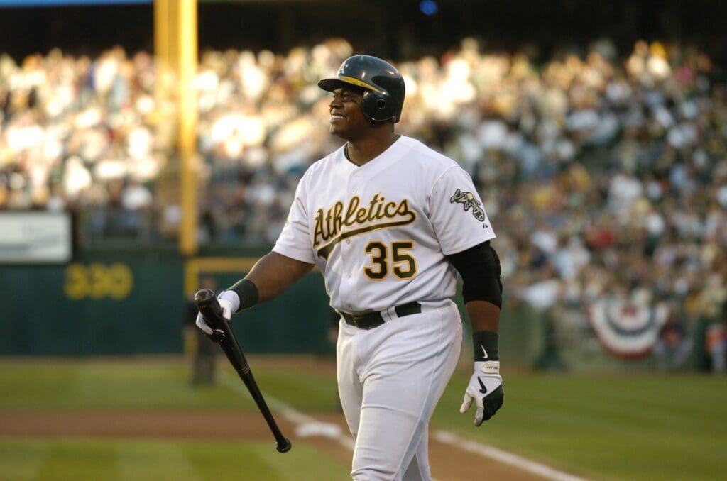 Oct 11, 2006; Oakland, CA, USA; Oakland Athletics designated hitter (35) Frank Thomas after striking out in the first inning during game 2 of the American League Championship series against the Detroit Tigers at McAfee Coliseum in Oakland, CA.