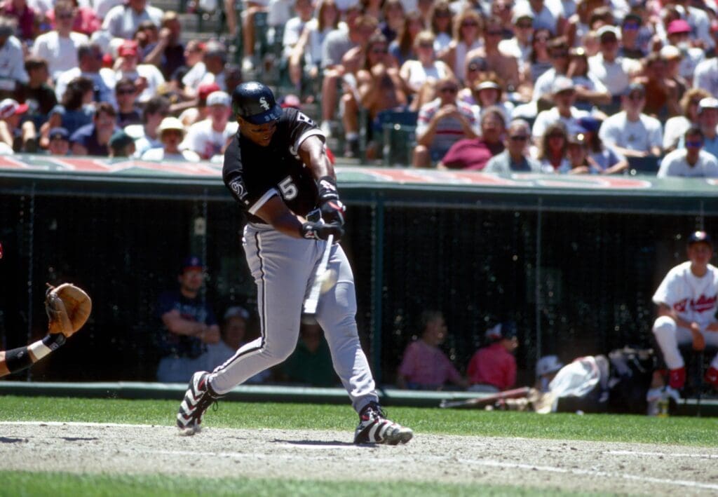 Unknown date 1996: Cleveland, OH, USA; FILE PHOTO; Chicago White Sox 1st baseman Frank Thomas hitting against the Cleveland Indians at Jacobs Field. 