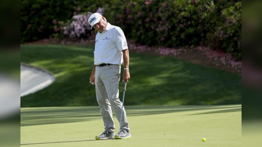 Apr 11, 2025; Augusta, Georgia, USA; Fred Couples reacts after missing his putt on no. 13 during the second round of the Masters Tournament at Augusta National Golf Club.