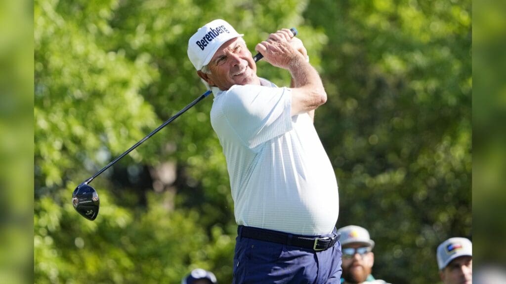 Apr 10, 2025; Augusta, Georgia, USA; Fred Couples plays his shot from the fifth tee during the first round of the Masters Tournament.