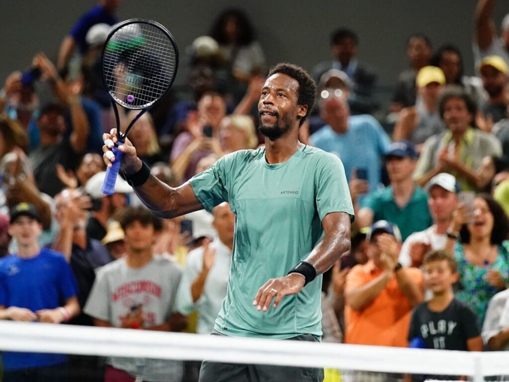 Aug 29, 2023; Flushing, NY, USA; Gael Monfils of France celebrates match point against Taro Daniel of Japan on day two of the 2023 U.S. Open tennis tournament at the USTA Billie Jean King National Tennis Center.