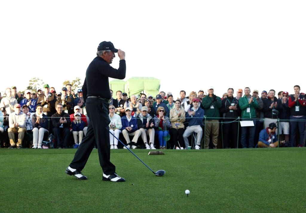 Apr 6, 2017; Augusta, GA, USA; Gary Player prepares to hit his ceremonial tee shot on the 1st hole during the first round of The Masters golf tournament at Augusta National Golf Club