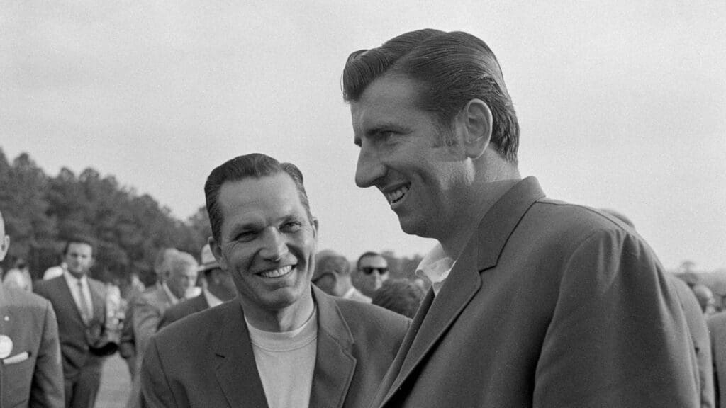 4/13/1969; Augusta, Georgia, USA; Winner, George Archer is congratulated at the Augusta National Golf Course during the 1969 Masters.