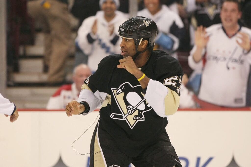 Dec 27, 2007; Pittsburgh, PA, USA; Pittsburgh Penguins right wing (27) Georges Laraque fights with Washington Capitals left wing (87) Donald Brashear at Mellon Arena in Pittsburgh, PA. The Penguins beat the Capitals 4-3 in overtime.