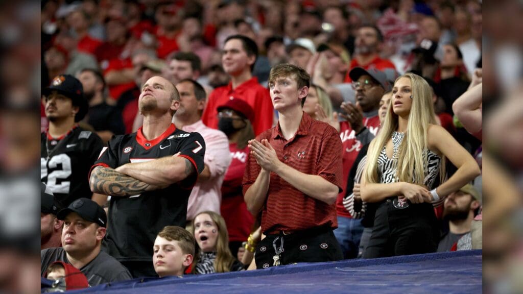 Dec 4, 2021; Atlanta, GA, USA; Georgia Bulldogs fans react during the fourth quarter of the Bulldogs loss to the Alabama Crimson Tide in the SEC championship game at Mercedes-Benz Stadium.