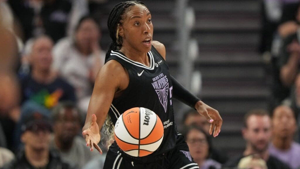 Jun 29, 2025; San Francisco, California, USA; Golden State Valkyries forward Kayla Thornton (5) dribbles against the Seattle Storm during the second quarter at Chase Center.