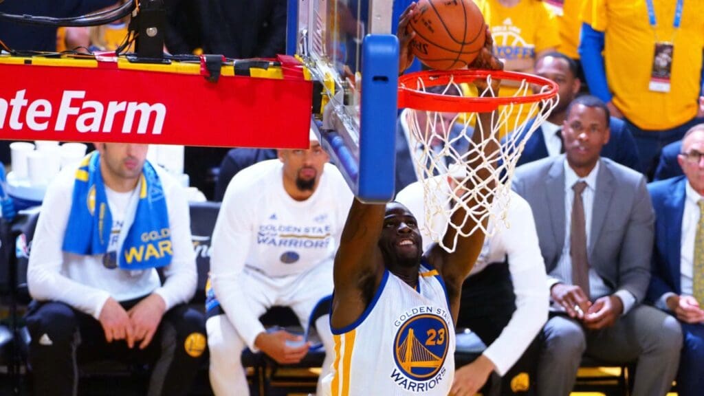 Jun 12, 2017; Oakland, CA, USA; Golden State Warriors forward Draymond Green (23) dunks the ball against the Cleveland Cavaliers during the second quarter in game five of the 2017 NBA Finals at Oracle Arena.