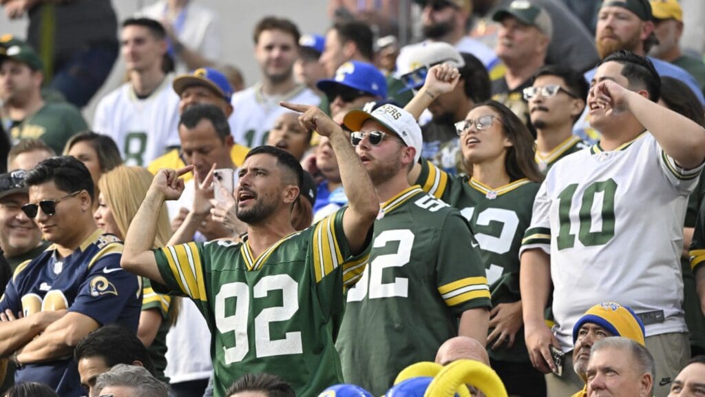 Oct 6, 2024; Inglewood, California, USA; Green Bay Packers fans celebrate during the fourth quarter against the Los Angeles Rams at SoFi Stadium