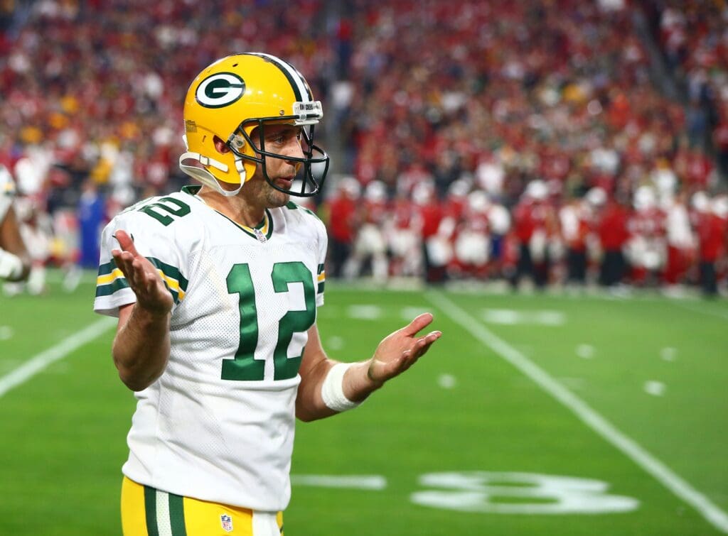 Dec 27, 2015; Glendale, AZ, USA; Green Bay Packers quarterback Aaron Rodgers reacts in the second half against the Arizona Cardinals at University of Phoenix Stadium. The Cardinals defeated the Packers 38-8.