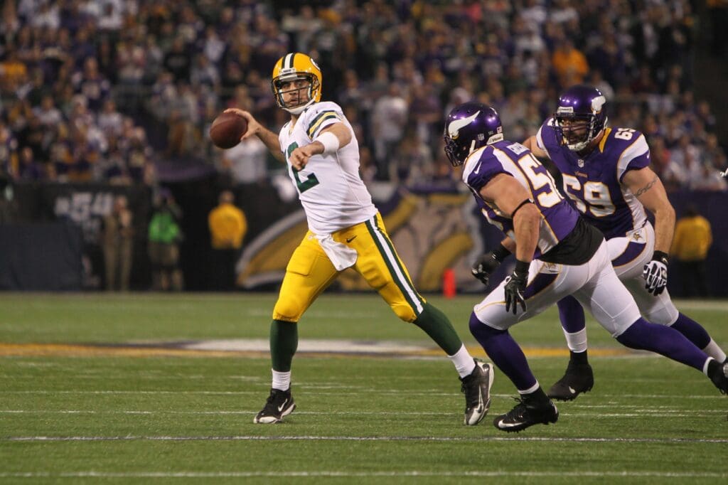 Dec 30, 2012; Minneapolis, MN, USA; Green Bay Packers quarterback Aaron Rodgers (12) against the Minnesota Vikings at the Metrodome. The Vikings defeated the Packers 37-34.