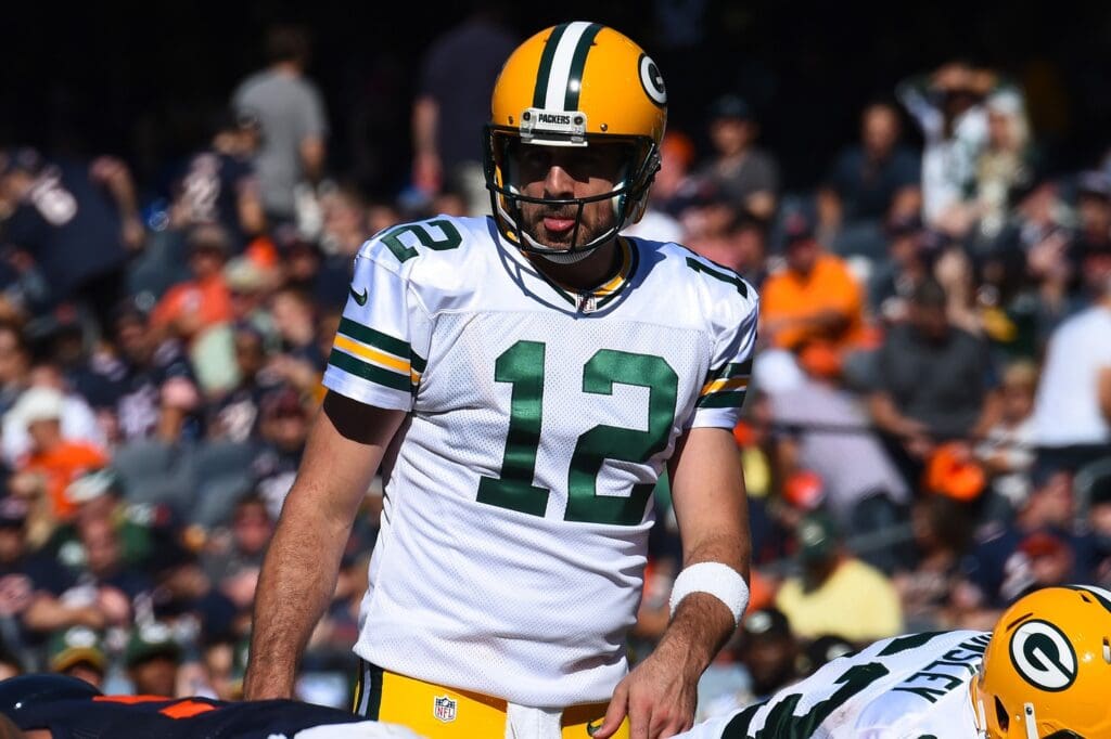 Sep 28, 2014; Chicago, IL, USA; Green Bay Packers quarterback Aaron Rodgers (12) during the second half at Soldier Field.